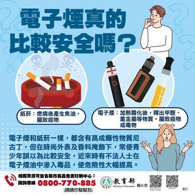電子菸真的比較安全嗎? 請同學們務必遵守相關規定。圖片